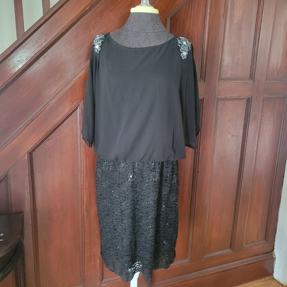 R&M Richards Black Cocktail Dress With Sequined Skirt & Beaded Shoulders Size 12